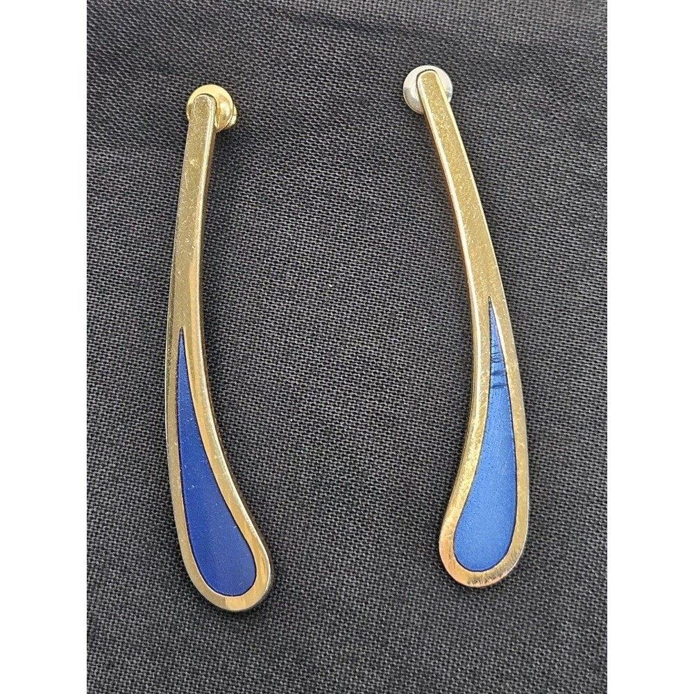 Laurel Burch Long Blue Gold Tone Teardrop Earrings